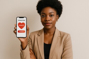 Black woman holding a smartphone with a donation app on the screen. Online charity and digital fundraising concept V