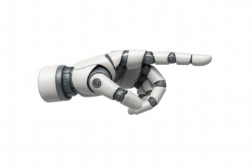 Robot hand pointing index finger, futuristic cyborg technology showing direction, choice, or selecting information on transparent background