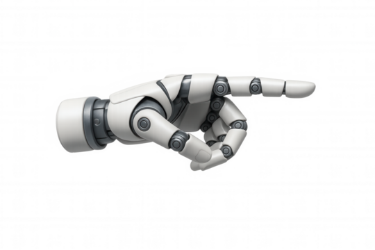 Robot hand pointing index finger, futuristic cyborg technology showing direction, choice, or selecting information on transparent background