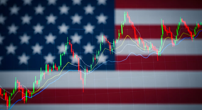 Dynamic Stock Market Analysis Overlaid on American Flag As Background Featuring Trend Charts and Data Visualizations in Financial Trading Context
