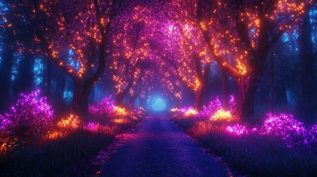 Neon forest pathway, magical glowing trees, mystical ambiance, digital art, background image, fantasy scene