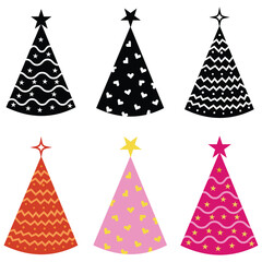 Party hat icon vector set. Hat for party celebration birthday template. Festive decoration for surprise party. Celebrate special event. Entertainment and fun for children. Vector illustration. 