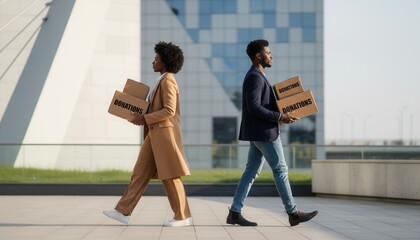Black man and woman carrying donation boxes in a city. Stylish volunteers walking in opposite directions for charity. Community support and giving concept
