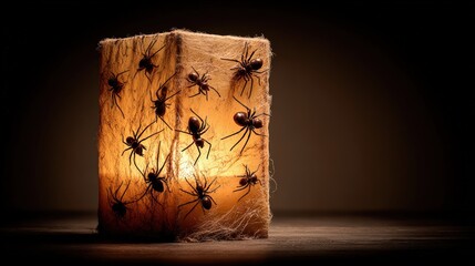 Close-up of a block of Himalayan pink salt illuminated from within, surrounded by numerous black ants crawling on its surface and background