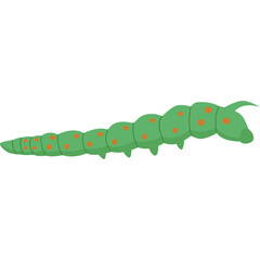 Green segmented caterpillar with orange spots and antennae on a white transparent background with legs visible showing its elongated body shape