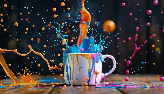 White coffee cup on wooden table with explosive colorful paint splash erupting from inside, vibrant pink blue yellow orange paint explosion, liquid splash effect