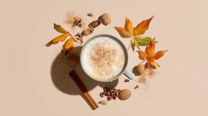 A festive flat lay with spice latte cinnamon and fall leaves seasonal coffee culture warmth