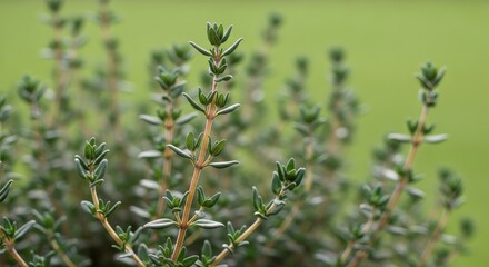 Close up of a healthy green thyme herb plant with soft focus background