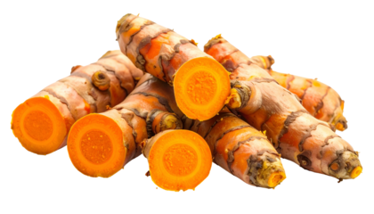 Pile of turmeric rhizomes, some cut to reveal vibrant orange