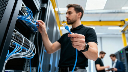 IT professional holding an Ethernet cable while working on a server rack in a data center