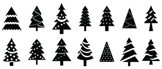 Silhouette Christmas tree icon vector. Holiday design elements set.  X-mas sign symbol, fir tree silhouettes. Vector illustration.