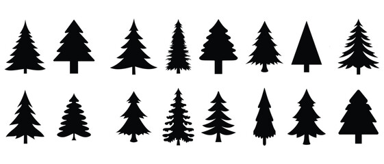 Christmas tree icon. Holiday design elements set.  X-mas sign symbol, fir tree silhouettes. Vector illustration.