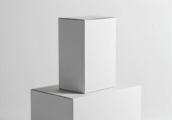 Vertical and horizontal blank white rectangular boxes mockup stacked on a clean, minimalist studio background for product display.