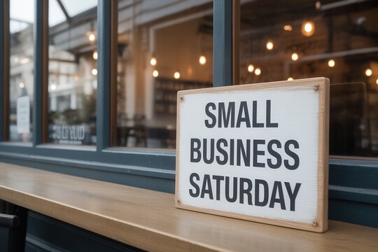 Small Business Saturday sign on a wooden shop windowsill. Promoting local shopping and supporting small businesses. Community commerce and retail event concept