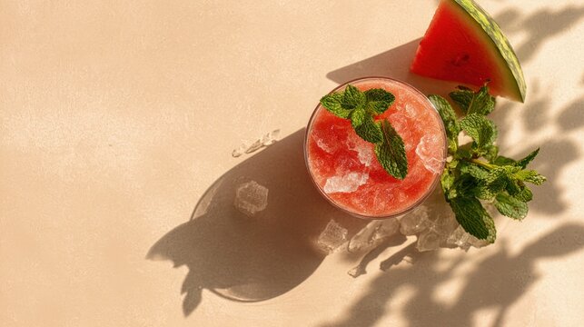 A summer-inspired flat lay with a watermelon smoothie fresh mint and crushed ice on a sunlit table