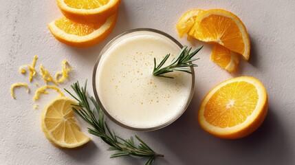 A refreshing citrus smoothie flat lay with orange slices lemon zest and a sprig of rosemary on white ceramic