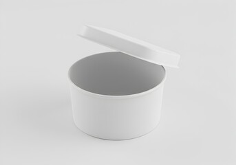 Open blank white cylindrical container mockup with a tilted lid on a minimalist background, ideal for cosmetics or food packaging.