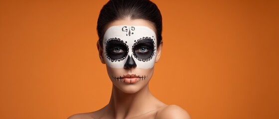 Woman with intricate Day of the Dead face paint makeup, black and white skull design, orange background, detailed traditional face art