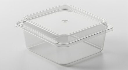 Blank transparent plastic square food container mockup with lid on a clean white background, ideal for food packaging and storage.