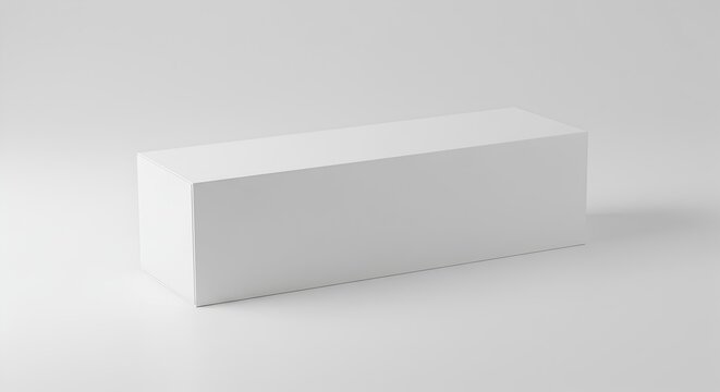Long blank white rectangular product packaging box mockup, closed and isolated on a clean white background for branding design.