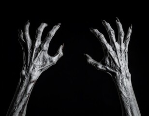 The terrifying, pale hands of an undead creature with long claws reaching out from the pitch-black darkness, a scary horror concept