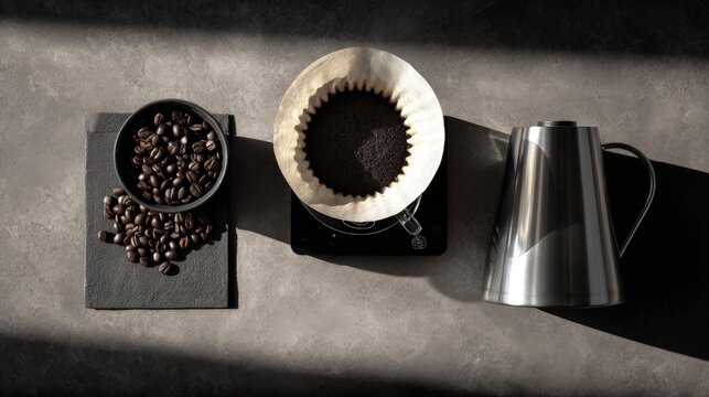 A minimalist flat lay of a pour-over setup fresh beans and a ceramic mug embodying modern coffee culture