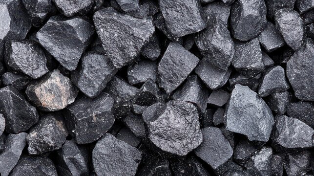 Dark, jagged pieces of coal arranged closely together, showcasing their rough texture and varying sizes.