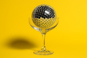 A silver disco ball served in a champagne coupe glass on a bright yellow background. Modern retro party and celebration concept. Minimalist still life with copy space