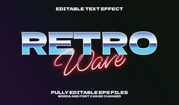 Retro wave text effect in 80s synthwave style with chrome gradient and neon glow. Editable EPS vector for poster, title, or vintage design.