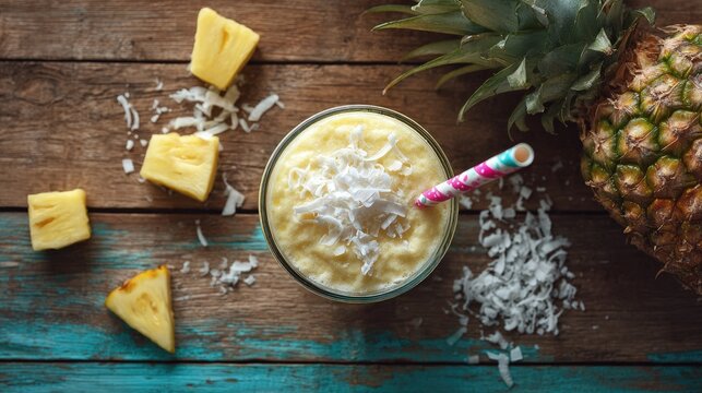A tropical smoothie flat lay with pineapple chunks coconut flakes and a colorful striped straw on a wooden table