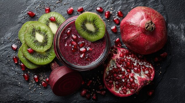 Vibrant flat lay of a beetroot smoothie sliced kiwi and pomegranate seeds on a dark slate background