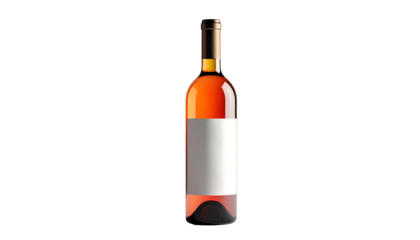 Amber wine bottle with a blank white label, isolated on black