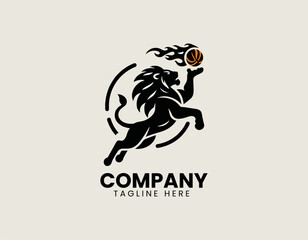 Fototapeta premium Black silhouette lion holding flaming basketball vector logo illustration symbolizing power and strength