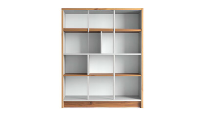 Bookshelf with white and wood panels, interior view, no books