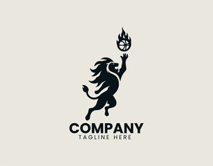 Obraz premium Black silhouette lion holding flaming basketball vector logo illustration symbolizing power and strength