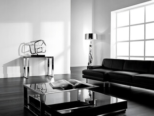 Black and white modern living room with abstract sculpture and open book interior isolated on a transparent background