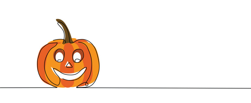 jack o lantern halloween pumpkin symbol sign, One continuous line drawing for Poster, banner, background with lettering, Doodle outline, orange carving pumpkin gourd Outline Art illustration festival