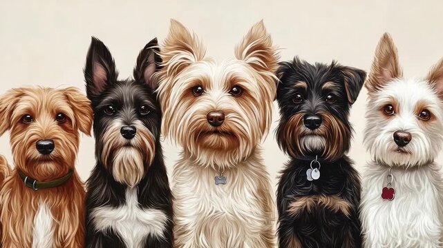A group of dogs sitting side by side, likely friends or family