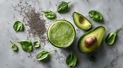 Minimalist flat lay of a green detox smoothie avocado slices spinach leaves and chia seeds on a marble surface