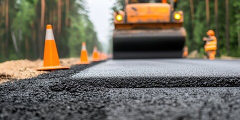 A construction scene showing a road being paved with asphalt, featuring traffic cones and a road roller in a forested area.