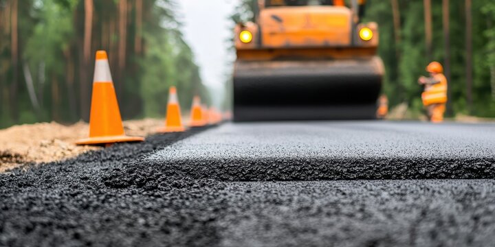 A construction scene showing a road being paved with asphalt, featuring traffic cones and a road roller in a forested area.