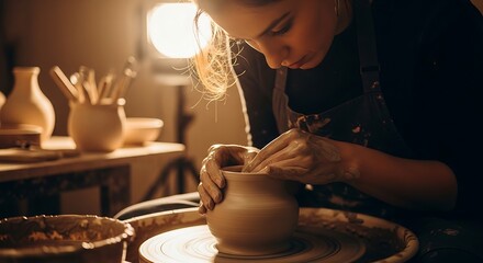 Young Woman Engaged in Pottery Crafting with Intense Focus.