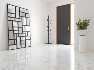 Modern Hallway With Geometric Mirror And Dark Door interior entrance isolated on a transparent background