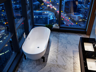 Modern Bathroom with Freestanding Bathtub Overlooking City Skyline at Night freestanding tub isolated on a transparent background