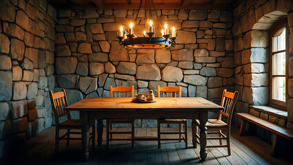 Rustic Dining Room with Stone Walls Wooden Table and Chandelier interior medieval isolated on a transparent background