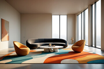 Contemporary Living Room with Curved Sofa and Abstract Rug and Orange Chairs interior isolated on a transparent background