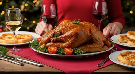Deliciously Roasted Turkey Feast with Festive Holiday Dinner Table Setting
