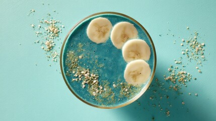 Obraz premium Overhead shot of a blue spirulina smoothie banana slices and hemp seeds on a light turquoise surface
