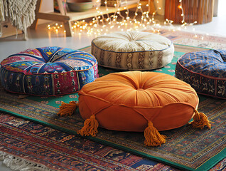 Four Bohemian Style Tufted Floor Cushions on Rugs with Fairy Lights pouf ottoman isolated on a transparent background