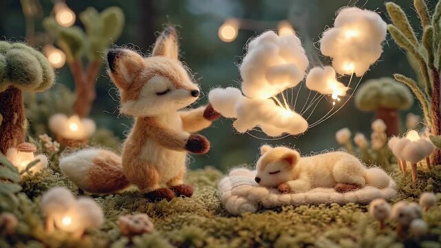 Animated scene of a fox holding lights and a sleeping companion in a dreamy environment